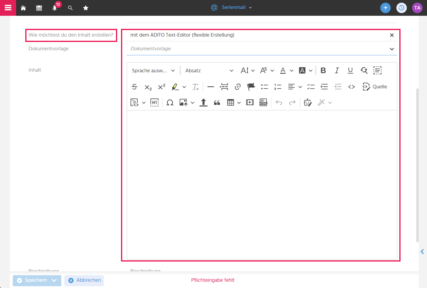Bearbeitungsansicht einer Serienmail in ADITO xRM mit eingeblendetem HTML-Editor zur flexiblen Erstellung des Serienmail-Inhalts ohne Design-Vorlage