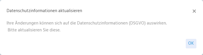 Systemhinweis in ADITO xRM beim Speichern eines Kontakt-Datensatzes, der darauf hinweist, datenschutzrelevante Informationen zu hinterlegen oder aktuell zu halten