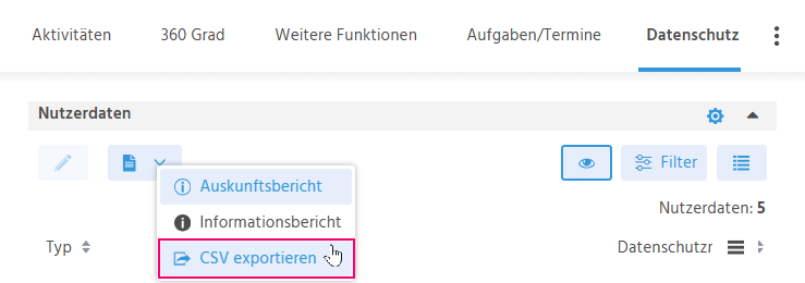 Datenschutz-Tab eines Kontakt-Datensatzes in ADITO xRM mit hervorgehobener Aktion "CSV exportieren" zum Herunterladen aller DSGVO-relevanten Daten