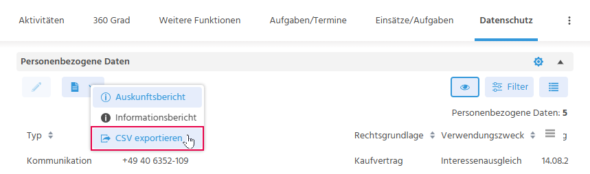 Datenschutz-Tab eines Kontakt-Datensatzes in ADITO xRM mit hervorgehobener Aktion "CSV exportieren" zum Herunterladen aller DSGVO-relevanten Daten