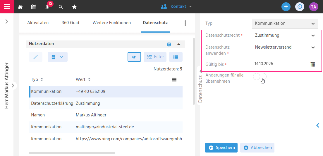Bearbeitungszeile im Datenschutz-Tab in ADITO xRM mit Eingabefeldern für Datenschutzrecht, Verwendungszweck und Gültigkeitsdauer je datenschutzrelevantem Dateneintrag