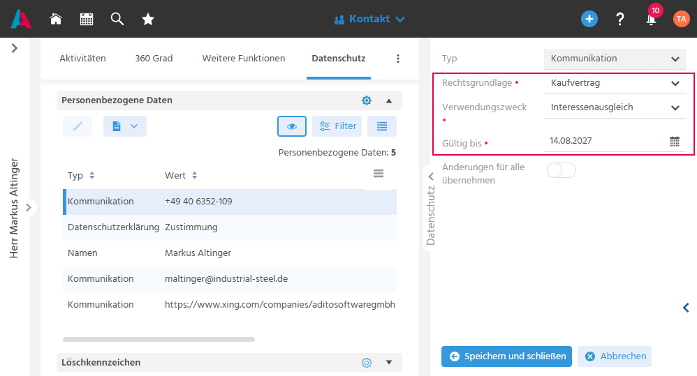 Bearbeitungszeile im Datenschutz-Tab in ADITO xRM mit Eingabefeldern für Rechtsgrundlage, Verwendungszweck und Gültigkeitsdauer je datenschutzrelevantem Dateneintrag
