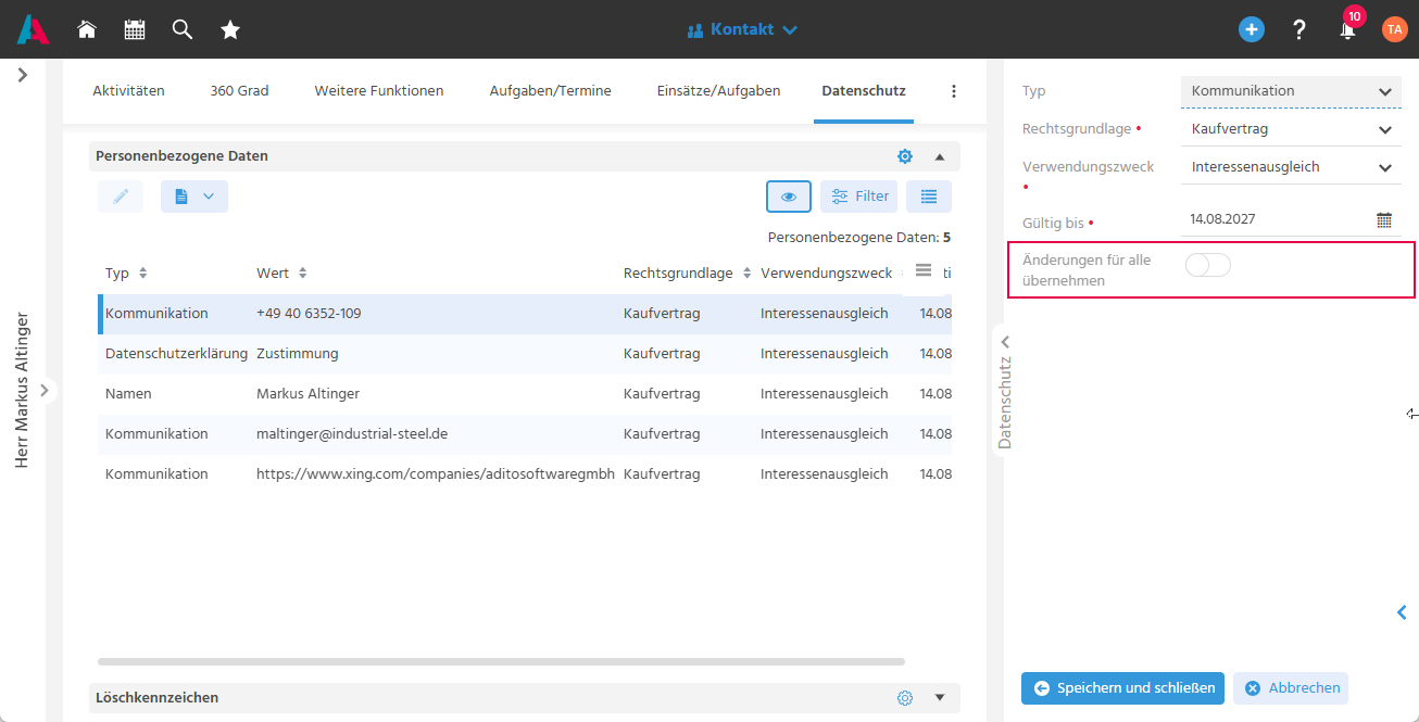 Datenschutz-Tab in ADITO xRM mit aktiviertem Toggle-Button "Änderungen für alle übernehmen" zur einheitlichen Übernahme von Rechtsgrundlage und Zweck