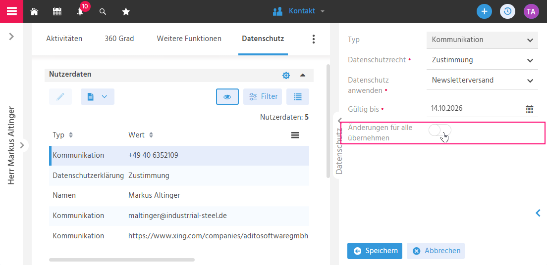Datenschutz-Tab in ADITO xRM mit aktiviertem Toggle-Button "Änderungen für alle übernehmen" zur einheitlichen Übernahme von Rechtsgrundlage und Zweck