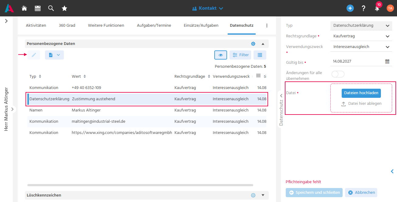 Datenschutz-Tab eines Kontakt-Datensatzes in ADITO xRM mit hervorgehobenem Upload-Bereich zum Hochladen einer unterschriebenen Datenschutzerklärung
