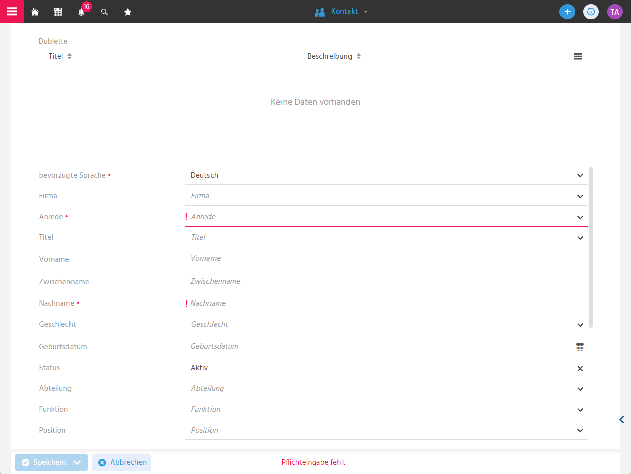 Bearbeitungsansicht eines neuen Kontakt-Datensatzes in ADITO xRM mit Eingabefeldern für Stammdaten wie Vorname, Nachname, Firma und Kommunikationsdaten