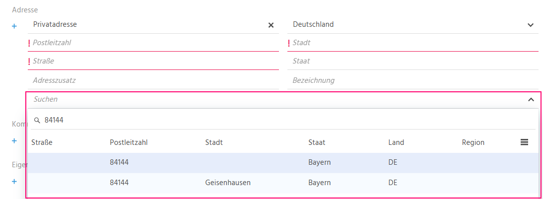 Bearbeitungsansicht Adressbereich eines Kontakt-Datensatzes in ADITO xRM mit aktivierter Suchfunktion für PLZ- und Ortssuche zur Adressvalidierung