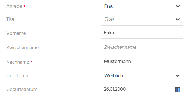 Bearbeitungsansicht eines Kontakt-Datensatzes in ADITO xRM mit Eingabefeldern für personenbezogene Daten wie Vorname, Nachname, Anrede, Titel, Geschlecht und Geburtsdatum