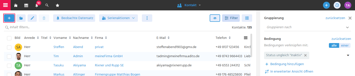 Filteransicht des Contexts "Kontakt" in ADITO xRM mit hervorgehobenem Neuanlage-Button zum Öffnen der Bearbeitungsansicht