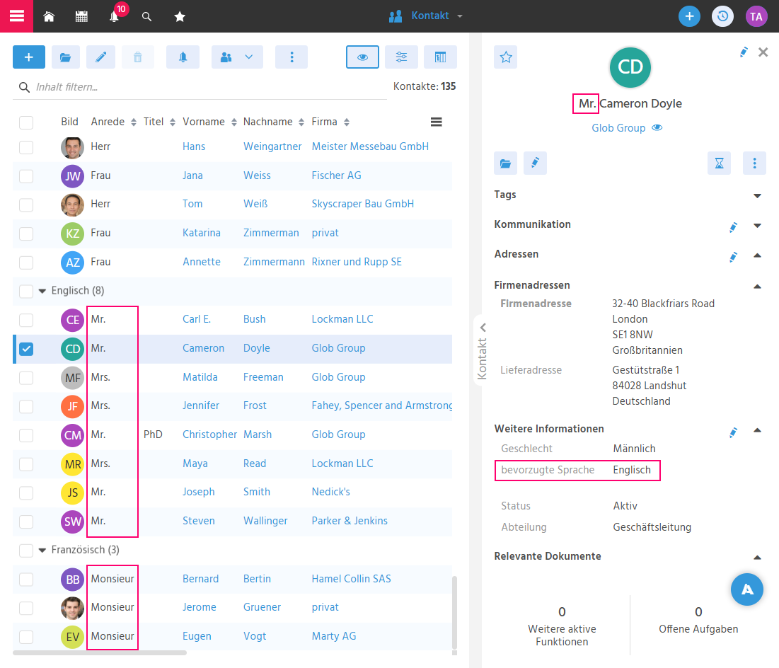 Filteransicht "Kontakt" in ADITO xRM mit Gegenüberstellung von bevorzugter Kontaktsprache und Client-Sprache des angemeldeten Users in der Anrede