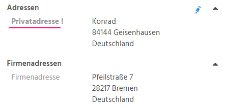 Vorschauansicht eines Kontakt-Datensatzes in ADITO xRM mit fett hervorgehobener Standardadresse als Standardkennzeichnung
