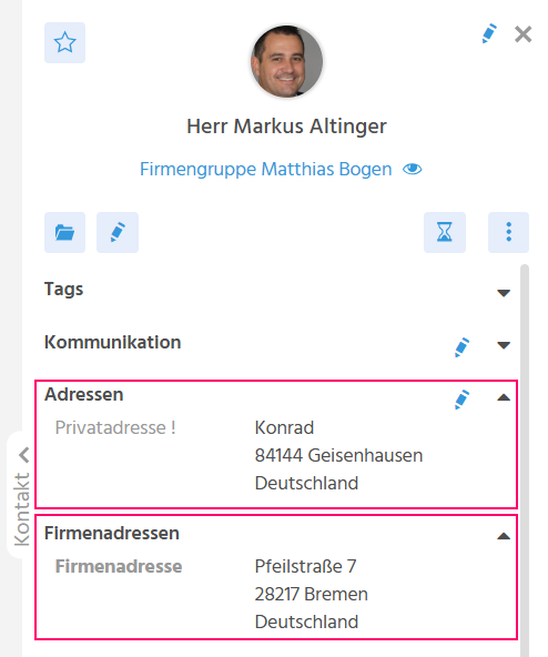 Vorschauansicht eines Kontakt-Datensatzes in ADITO xRM mit angezeigten Adressbereichen für Privatadresse und Firmenadressen