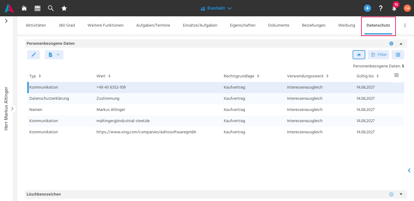 Tab "Datenschutz" in der Hauptansicht eines Kontakt-Datensatzes in ADITO xRM mit der Tabelle der personenbezogenen Daten