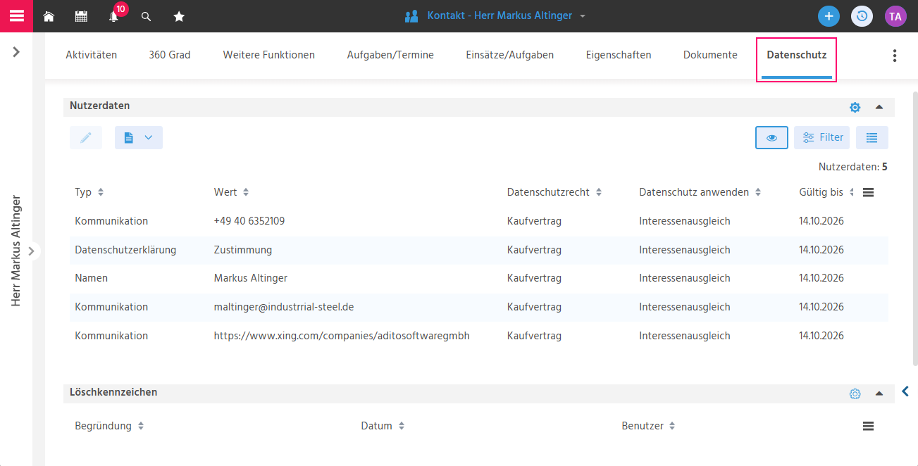 Tab "Datenschutz" in der Hauptansicht eines Kontakt-Datensatzes in ADITO xRM mit der Tabelle der datenschutzrelevanten Nutzerdaten