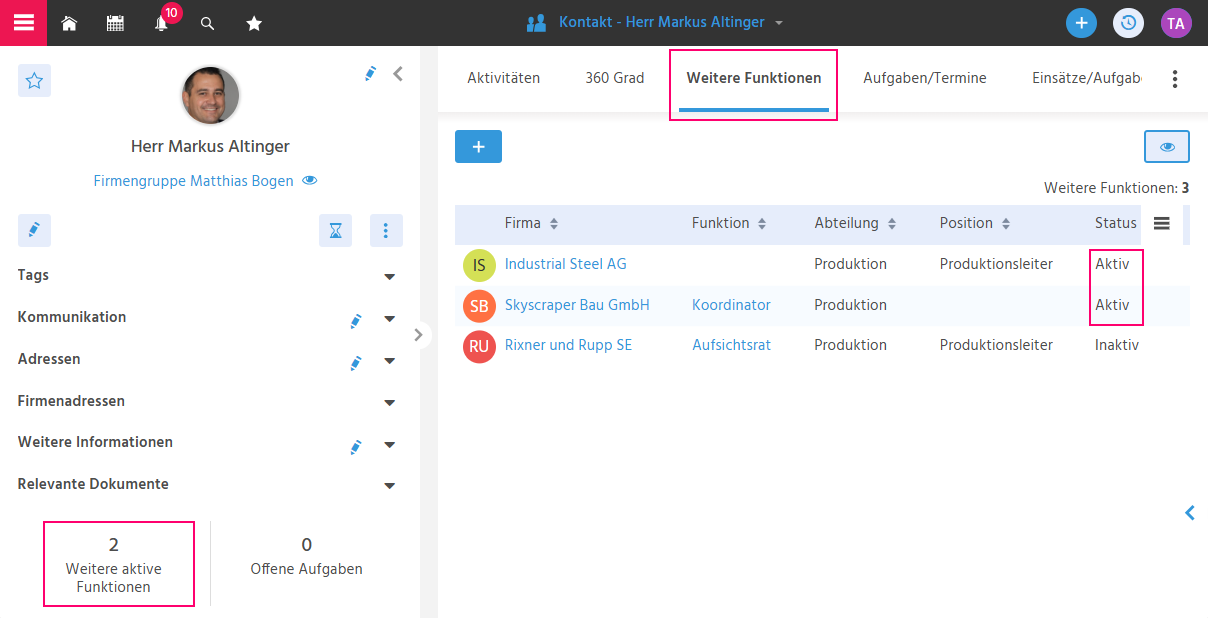 Tab "Weitere Funktionen" in der Hauptansicht eines Kontakt-Datensatzes in ADITO xRM mit der Übersicht aller erfassten Professionen des Kontakts
