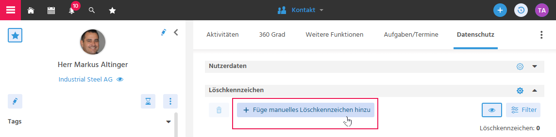 Datenschutz-Tab eines Kontakt-Datensatzes in ADITO xRM mit hervorgehobener Aktion "Füge manuelles Löschkennzeichen hinzu"