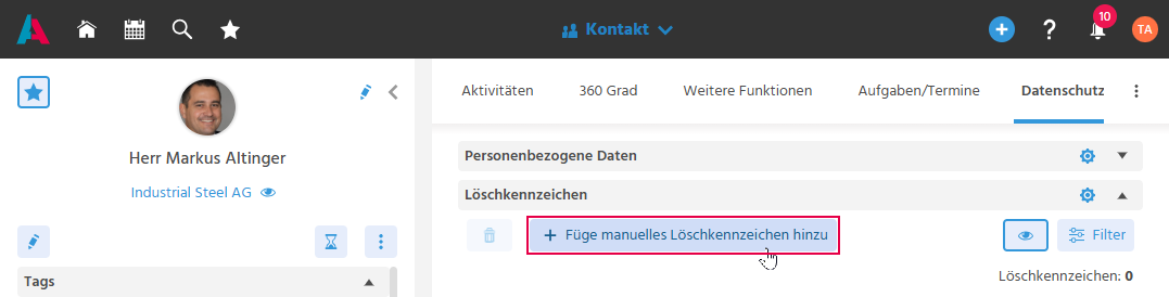 Datenschutz-Tab eines Kontakt-Datensatzes in ADITO xRM mit hervorgehobener Aktion "Füge manuelles Löschkennzeichen hinzu"