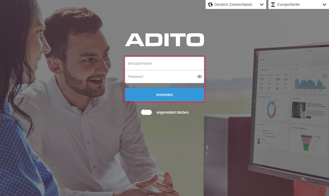 Login-Bildschirm mit den Eingabefeldern "Benutzername" und "Passwort" (inkl. Augen-Symbol), darunter der Button "Anmelden"