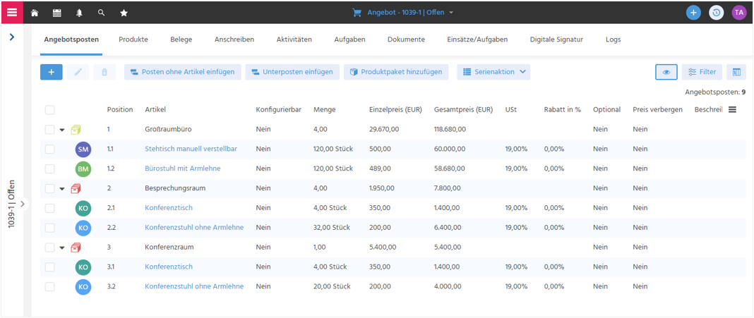 Screenshot mit "Posten ohne Artikel". 