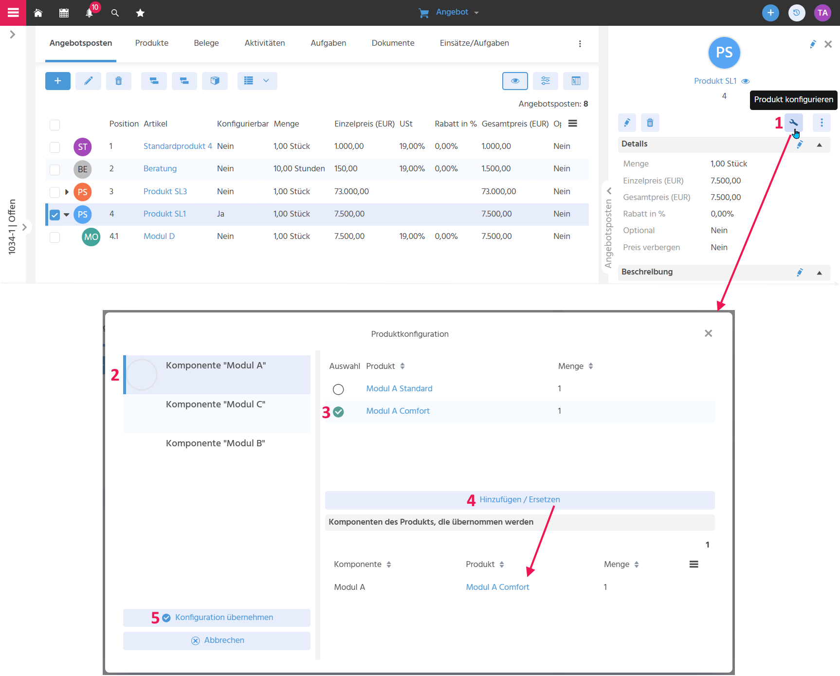 Es wird ein Screenshot des Overlays "Produktkonfiguration" gezeigt, aus dem ersichtlich ist, wie man bei der Produktkonfiguration vorgeht.