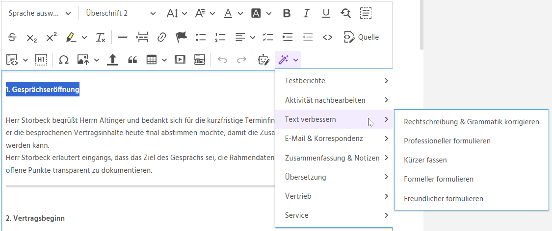 Liste der aktiven Standardprompts und individuellen Prompts im Editor