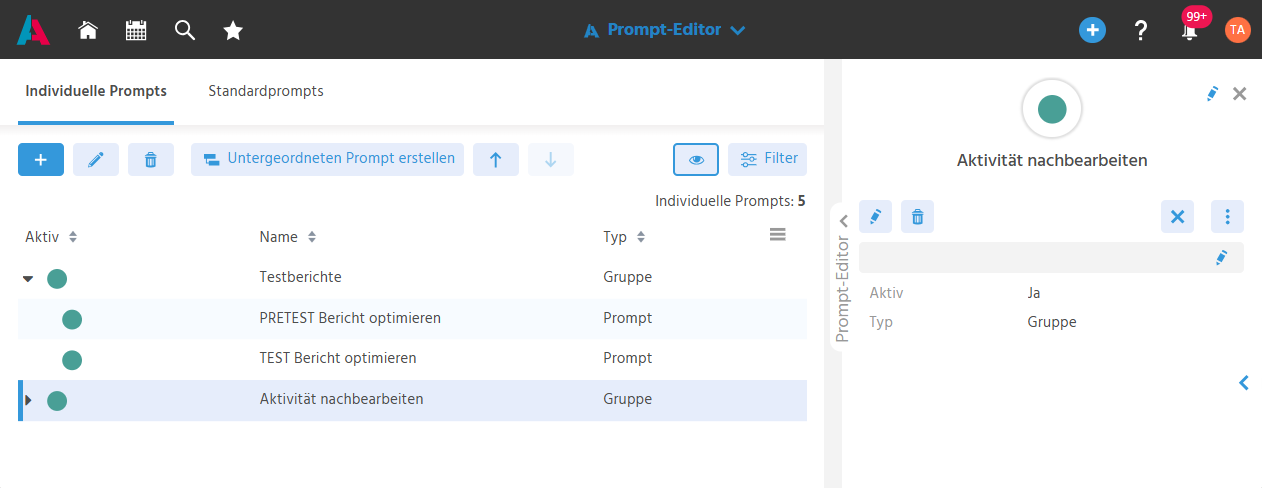 Filteransicht des Prompt-Editors mit individuellen Gruppen und Prompts