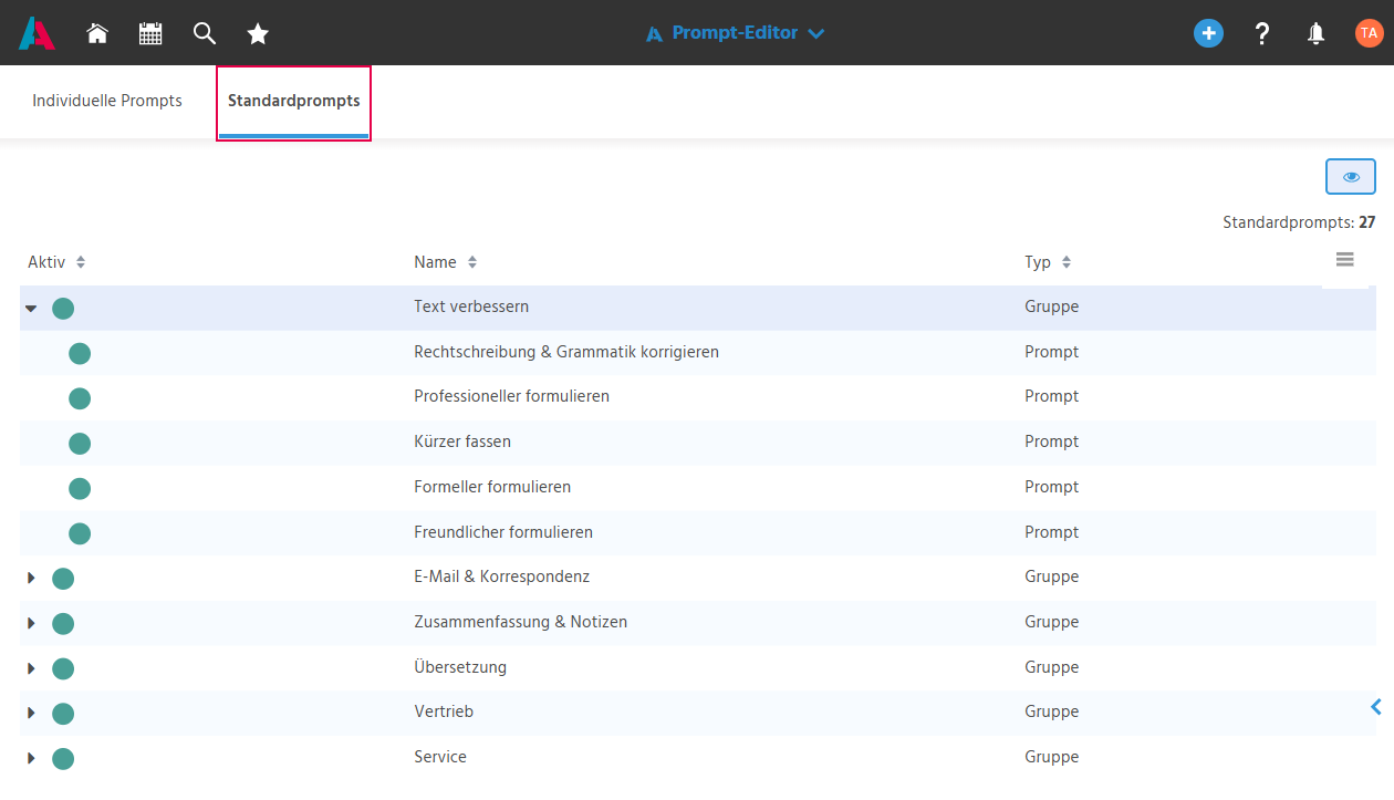 Tab "Standardprompts" im Prompt-Editor mit den verfügbaren Standardprompts