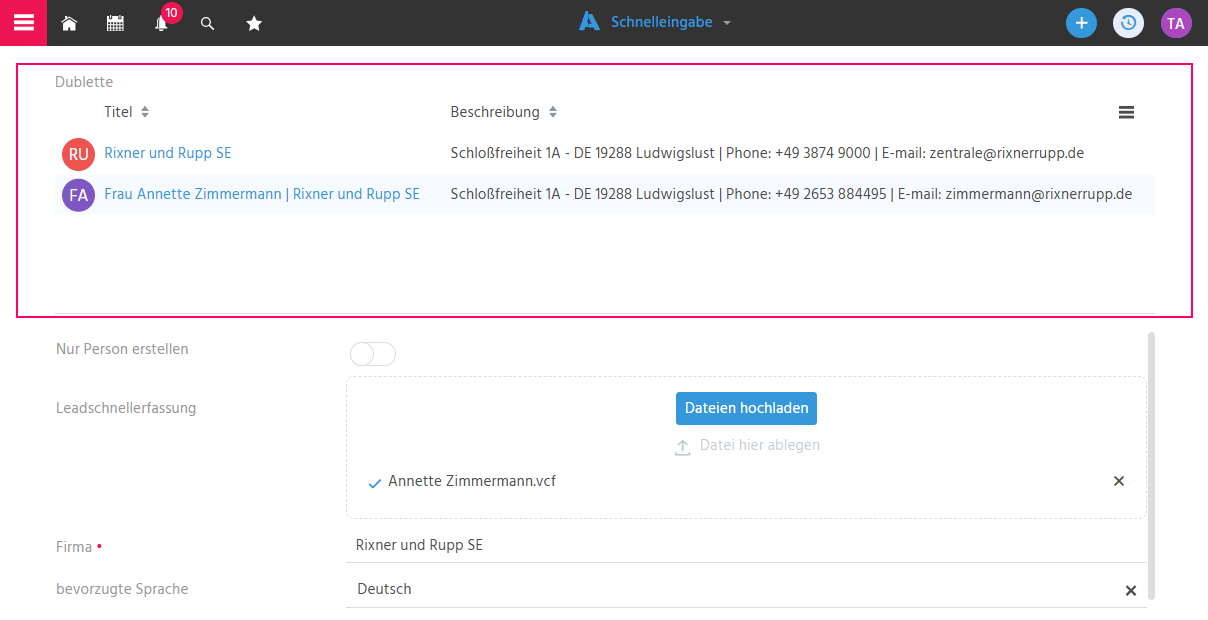 Bearbeitungsansicht zur Kontaktanlage in ADITO xRM mit eingeblendetem Dublettenhinweis-Bereich und Liste möglicher Dubletten-Datensätze