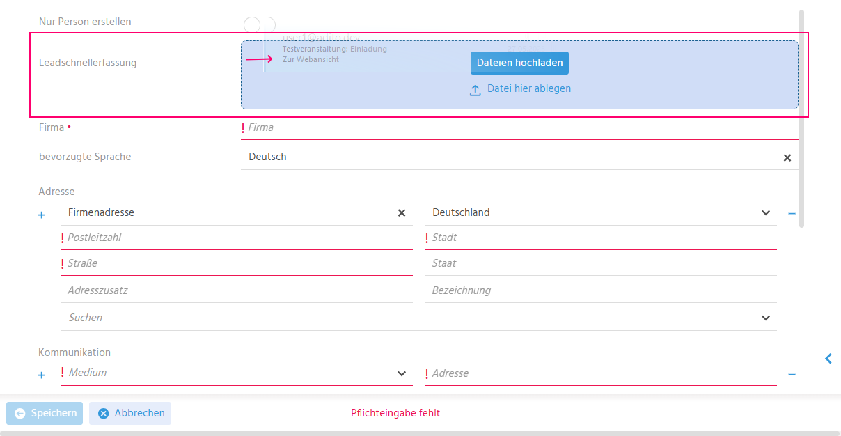 Schnelleingabe in ADITO xRM mit Feld "Leadschnellerfassung" zum Hochladen einer E-Mail-Datei für die automatische Signaturerkennung
