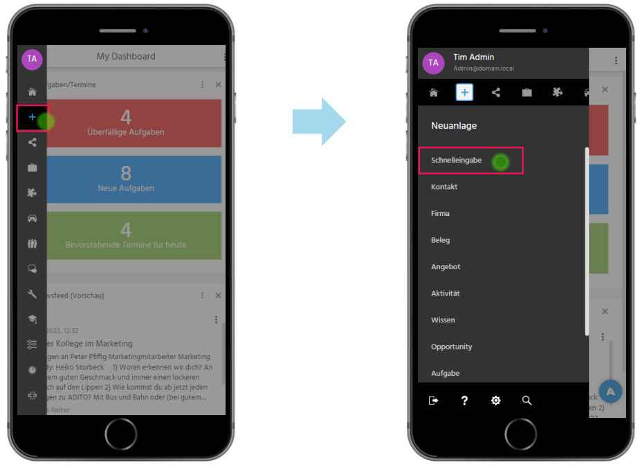 Mobile Ansicht der Schnelleingabe in ADITO xRM mit sichtbarem Button zum Öffnen des Visitenkarten-Scans über die Kamera