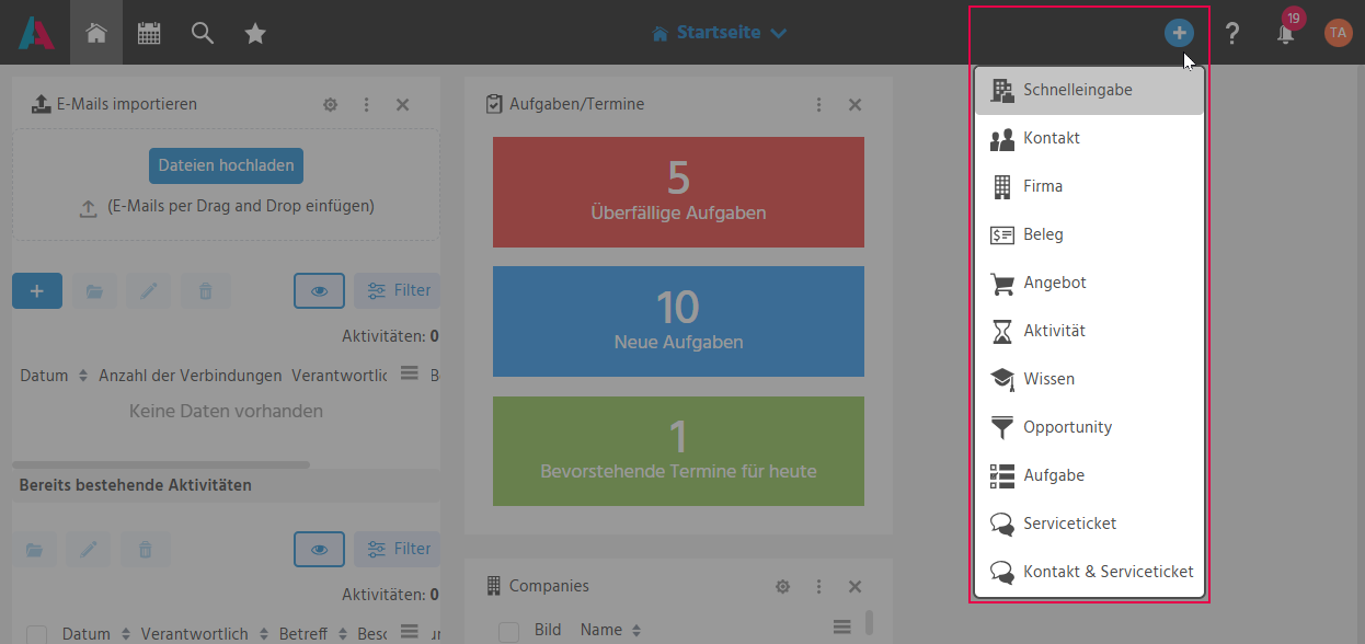 Über den Plus-Button geöffnetes Schnellerfassungsmenü mit der Liste der anlegbaren Datensatzarten