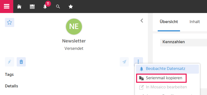 Bearbeitungsansicht beim Kopieren einer Serienmail in ADITO xRM mit aktiviertem Toggle-Button "Empfänger kopieren" zur Übernahme der Empfängerliste