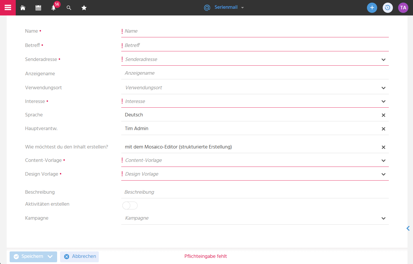 Bearbeitungsansicht einer neuen Serienmail in ADITO xRM mit Eingabefeldern für Name, Betreff, Senderadresse, Interesse, Sprache und Inhaltserstellung