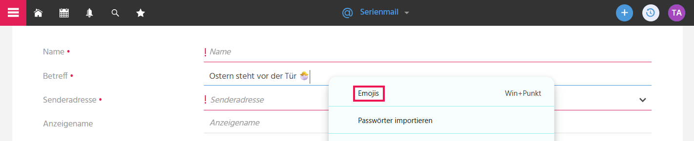 Betreff-Feld einer Serienmail in ADITO xRM mit geöffnetem Rechtsklick-Kontextmenü zum Einfügen von Emojis in den Betreff