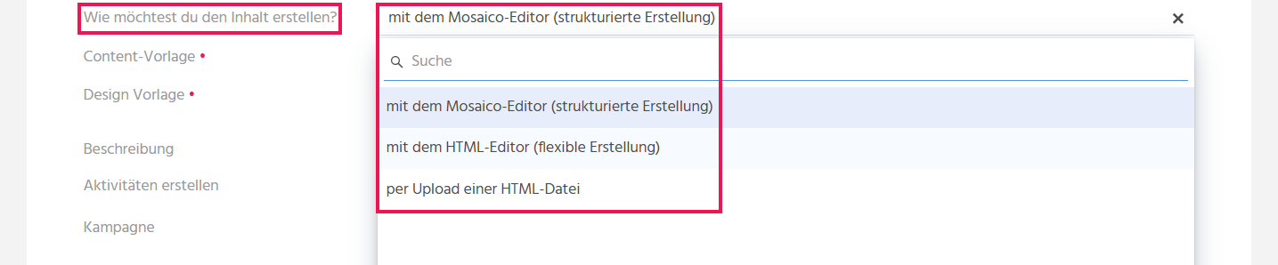 Bearbeitungsansicht einer Serienmail in ADITO xRM mit geöffnetem Auswahlfeld "Wie möchtest Du den Inhalt erstellen?" und den verfügbaren Erstellungsmethoden
