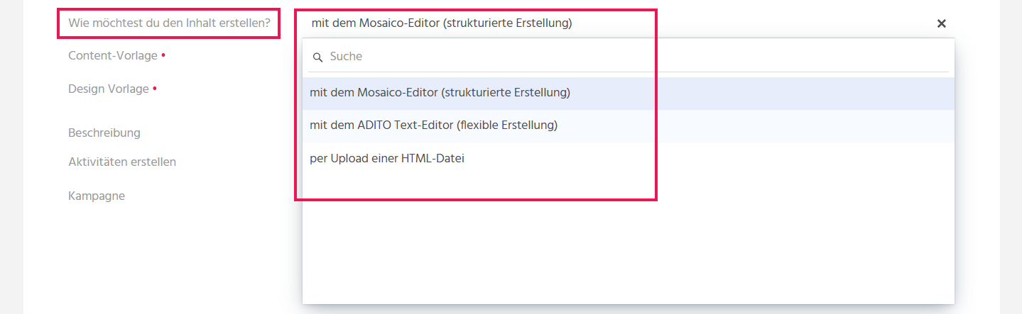 Bearbeitungsansicht einer Serienmail in ADITO xRM mit geöffnetem Auswahlfeld "Wie möchtest Du den Inhalt erstellen?" und den verfügbaren Erstellungsmethoden