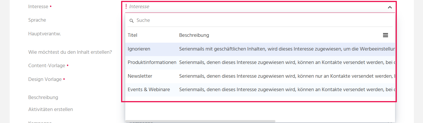 Bearbeitungsansicht einer Serienmail in ADITO xRM mit hervorgehobenem Feld "Interesse" zur Einschränkung des Empfängerkreises auf Kontakte mit entsprechender Werbeeinstellung