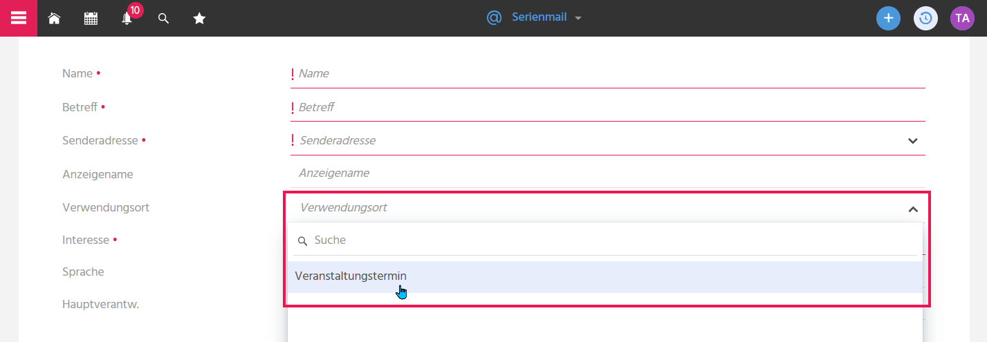 Bearbeitungsansicht einer Serienmail in ADITO xRM mit hervorgehobenem Feld "Verwendungsort" zur Auswahl, ob die Serienmail in einem Veranstaltungstermin nutzbar sein soll