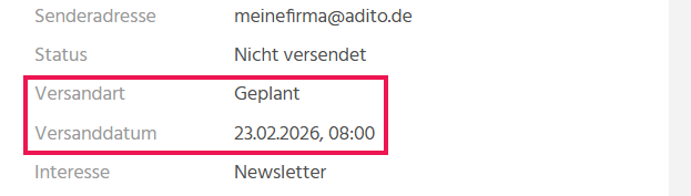 Vorschau einer Serienmail in ADITO xRM mit gewählter Versandart "Geplant" und eingeblendetem Datumsfeld zur Eingabe des gewünschten Versandzeitpunkts