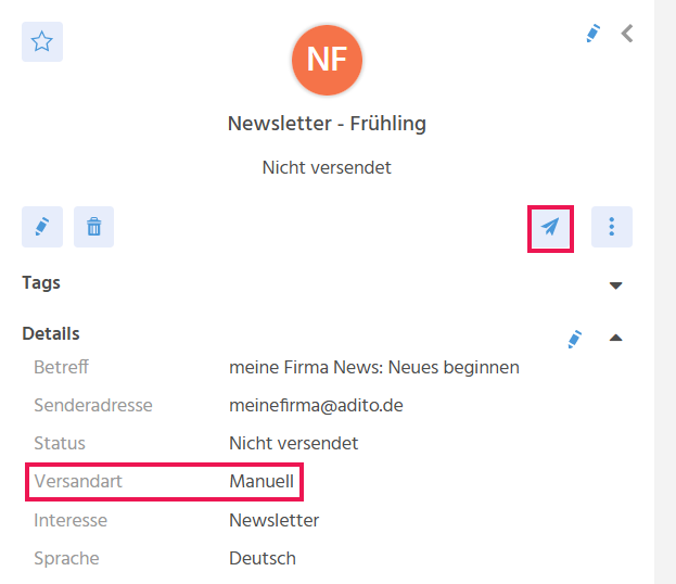Vorschau einer Serienmail in ADITO xRM mit gewählter Versandart "Manuell" und aktivem Button "Senden" zum direkten Auslösen des Versands