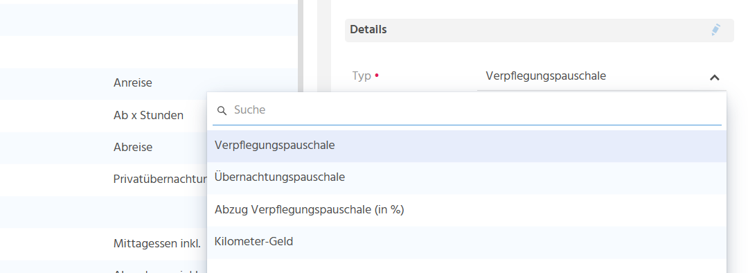 SmallEdit der Spesenadministration mit den Feldern "Land", "Gültig ab" und "Gültig bis"