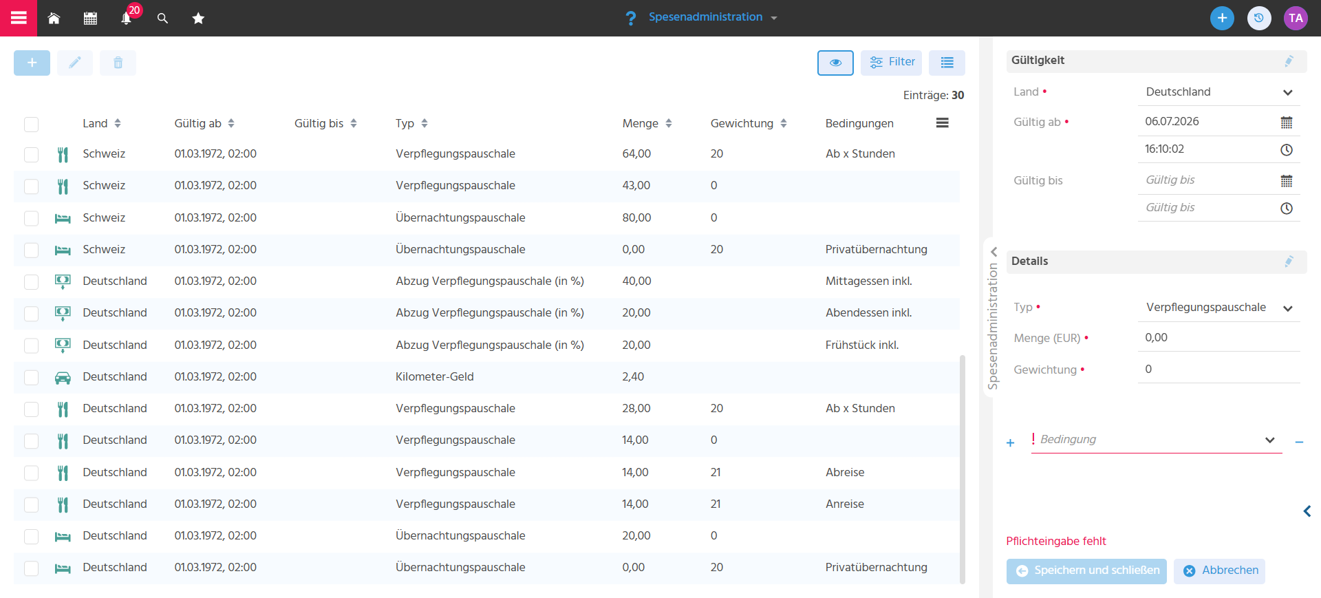 Filterview der Spesenadministration mit geöffneter SmallEdit