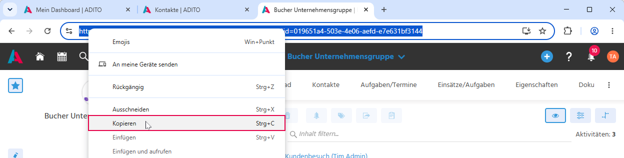 Browser-Adresszeile mit sichtbarem ADITO-Link sowie Kontextmenü mit der Option "Kopieren"
