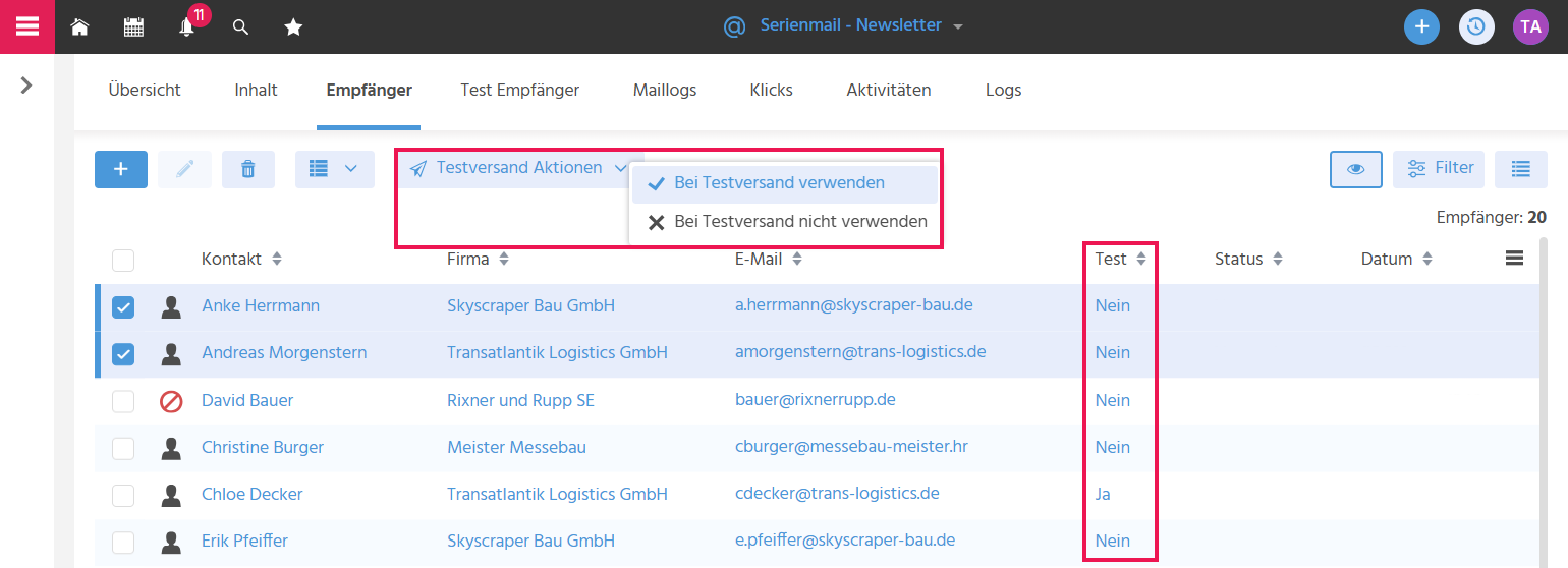 Tab "Empfänger" einer Serienmail in ADITO xRM mit geöffnetem Menü "Testversand Aktionen" und den Optionen "Bei Testversand verwenden" und "Bei Testversand nicht verwenden"