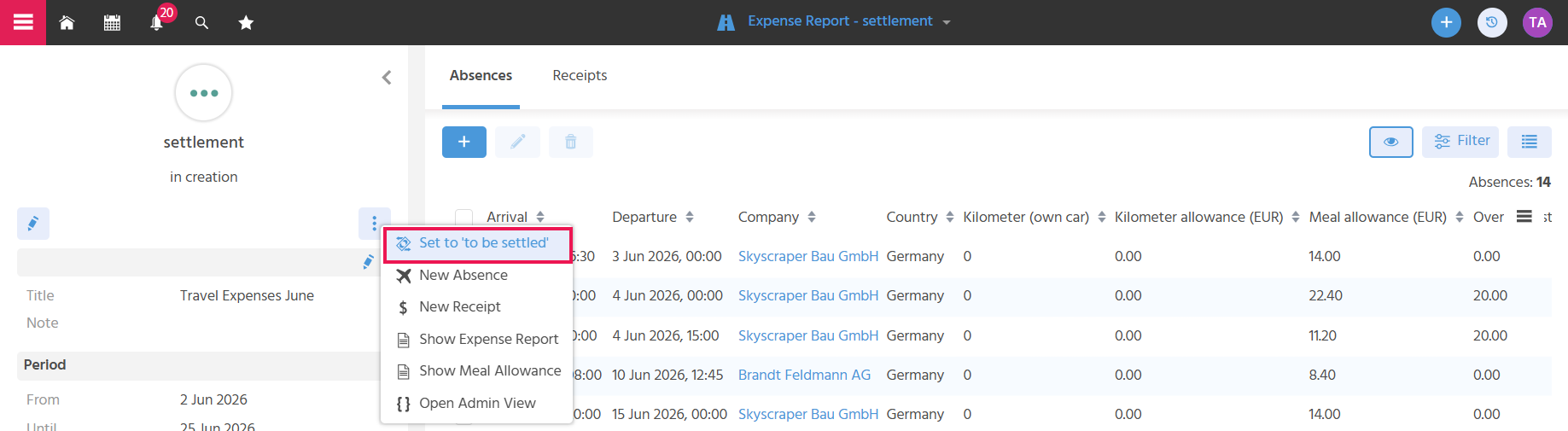 Preview of the expense settlement with the "Further Actions" selection area open