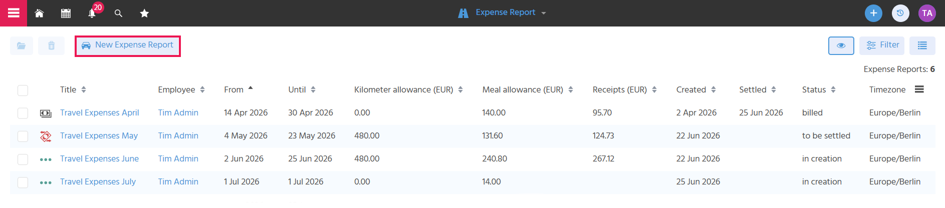 Filter view of the "Expense Report" Context with the "New Expense Report" button