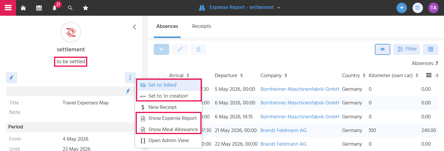 Preview of the expense settlement with the "Further Actions" selection area open in the status "To Be Settled"