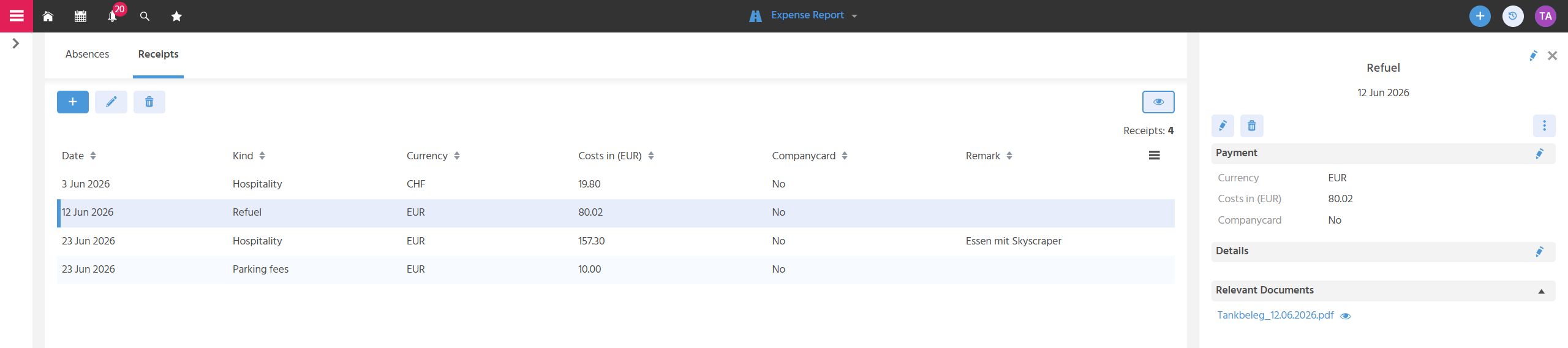 The "Receipt" tab in the filter view with several receipt records