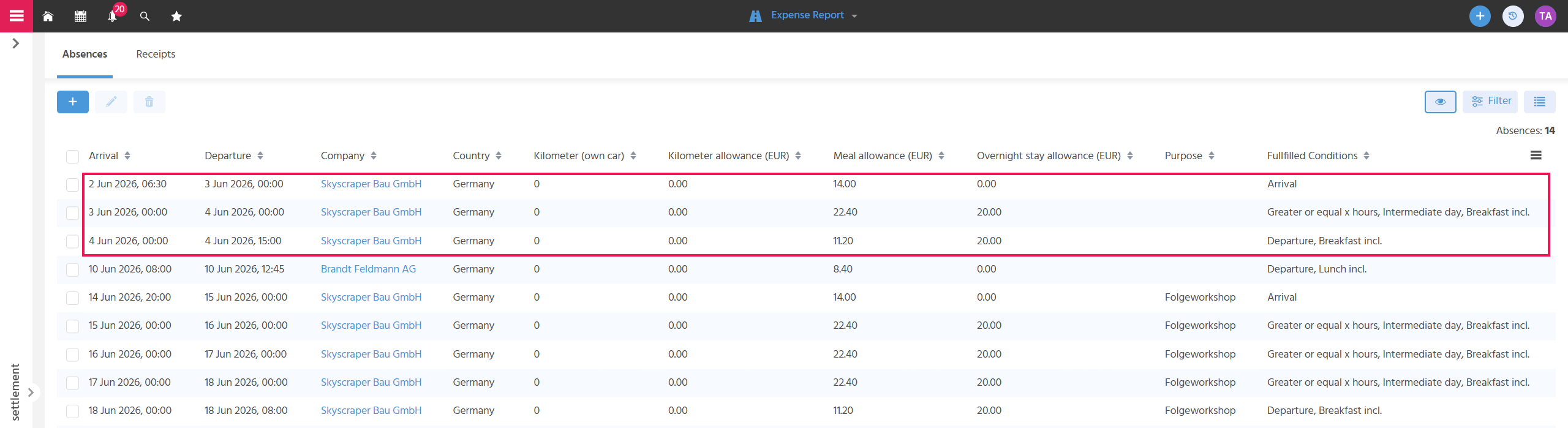 The "Trips" tab in the filter view with several trip records