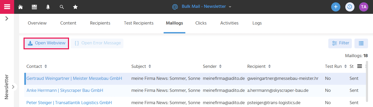 Tab "Maillogs" of a bulk mail in ADITO xRM with a selected Maillogs record and active Action "Open Web View" for displaying the sent e-mail